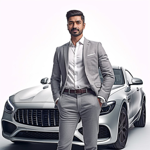 Confident handsome indian man automotive marketing and advertising specialist at work on isolated white background