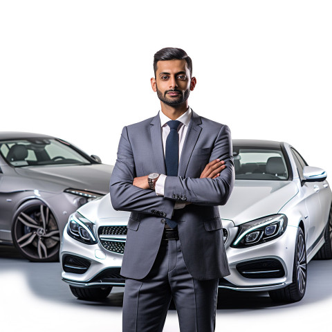 Confident handsome indian man automotive fleet manager at work on isolated white background