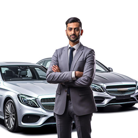 Confident handsome indian man automotive fleet manager at work on isolated white background