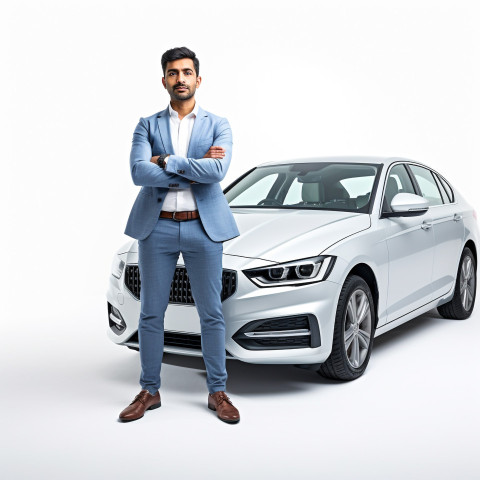 Confident handsome indian man automotive marketing and advertising specialist at work on isolated white background