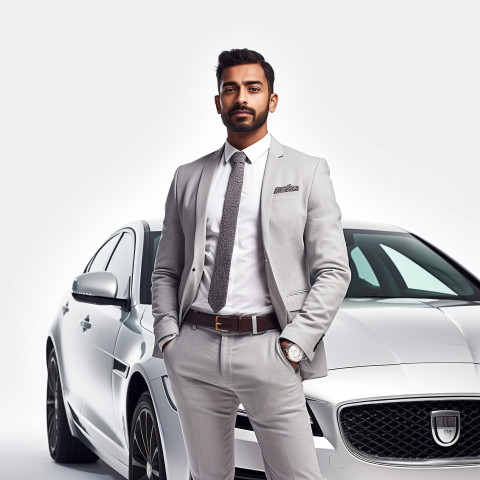 Confident handsome indian man automotive marketing and advertising specialist at work on isolated white background