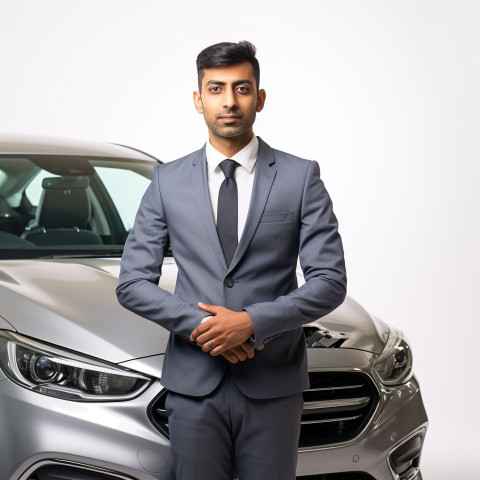 Confident handsome indian man automotive safety compliance specialist at work on isolated white background