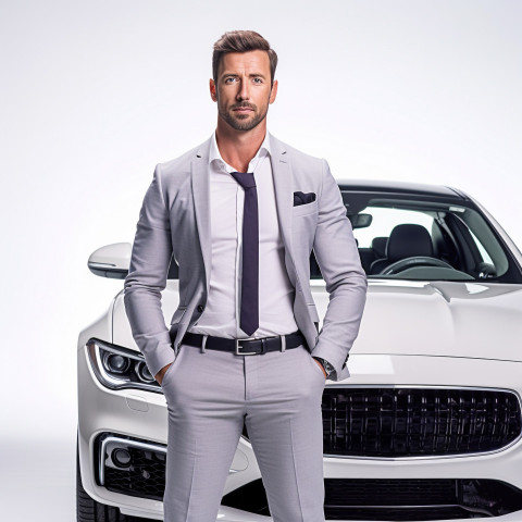 Confident handsome man automotive safety compliance specialist at work on isolated white background