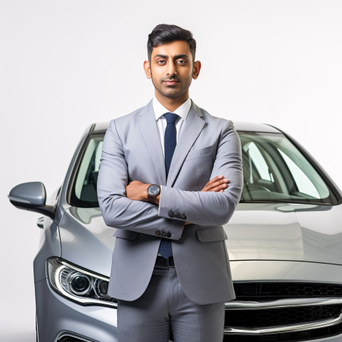 Confident handsome indian man automotive safety compliance specialist at work on isolated white background