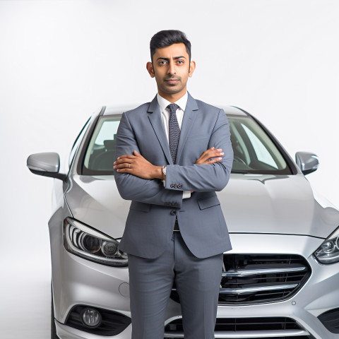 Confident handsome indian man automotive safety compliance specialist at work on isolated white background