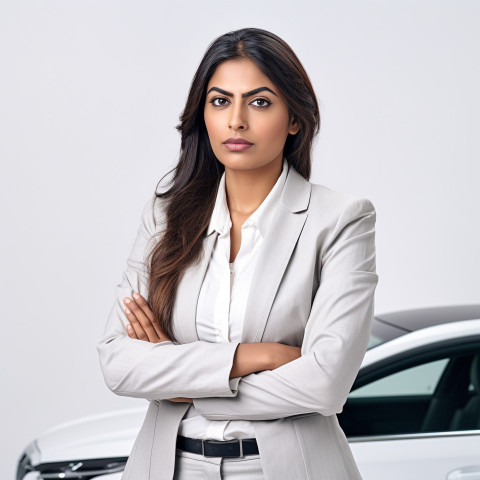 Confident beautiful indian woman automotive safety compliance specialist at work on isolated white background