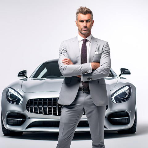 Confident handsome man automotive sales manager at work on isolated white background