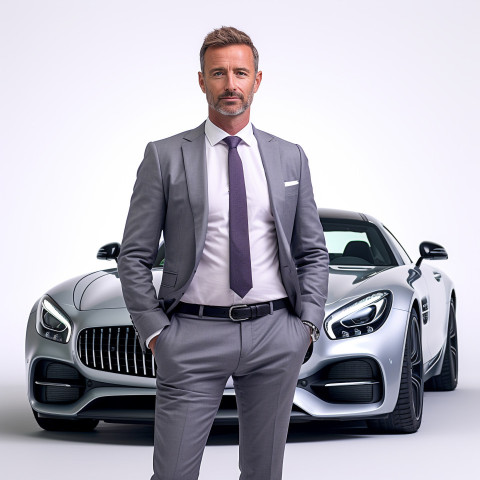 Confident handsome man automotive sales manager at work on isolated white background