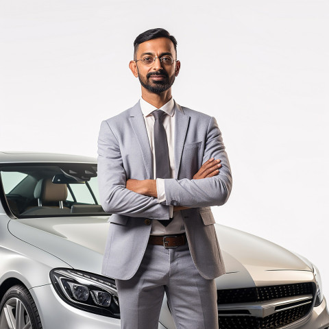 Confident handsome indian man automotive human resources manager at work on isolated white background