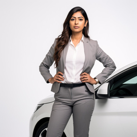 Confident beautiful indian woman automotive sales representative at work on isolated white background