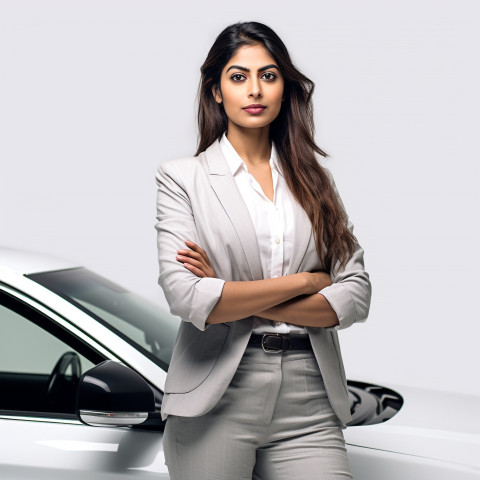 Confident beautiful indian woman automotive sales representative at work on isolated white background