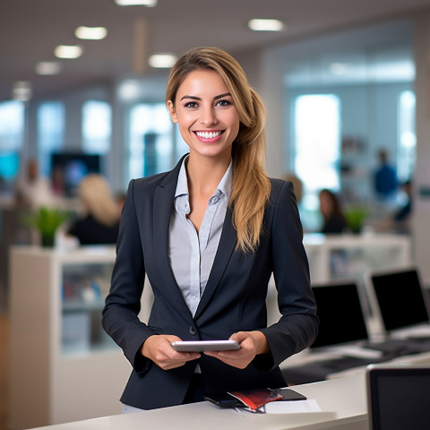 Friendly bank saleswoman smiling at work