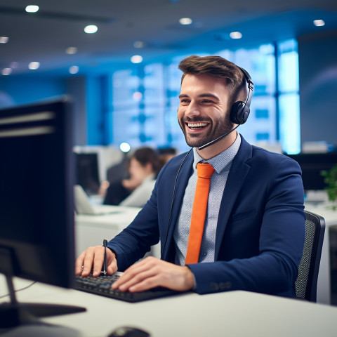 Smiling male customer service rep helping clients in a call center