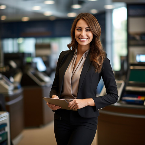 Friendly bank saleswoman smiling at work