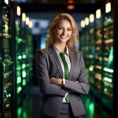 Smiling woman cybersecurity expert working in banking and finance