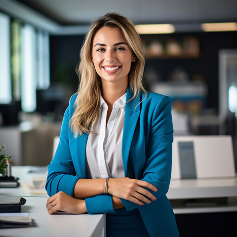 Friendly female financial recruiter smiling at work