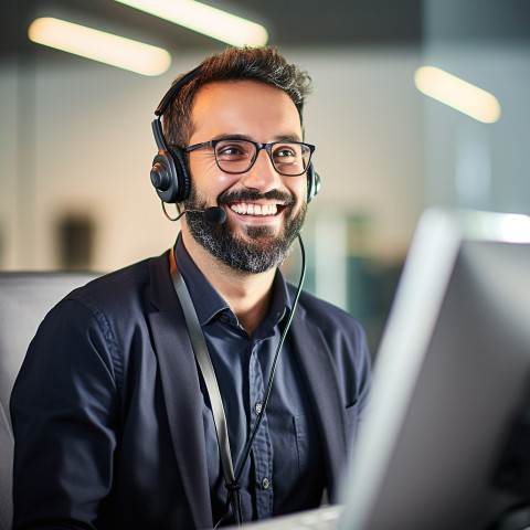 Smiling male customer service rep helping clients in a call center