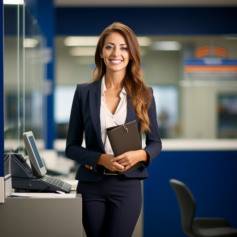 Friendly bank saleswoman smiling at work