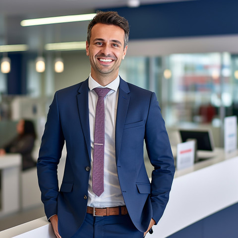 Friendly smiling banker at work helping customers