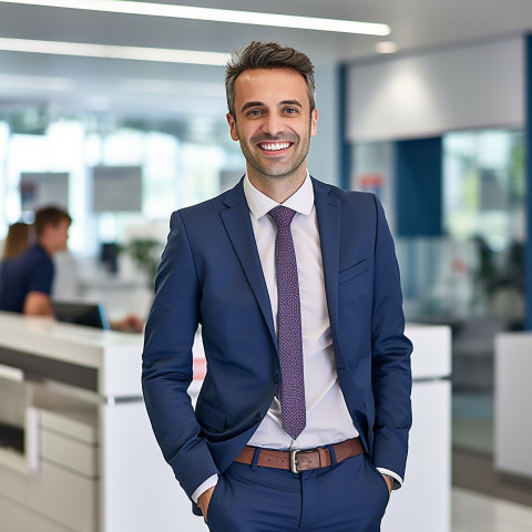 Friendly smiling banker at work helping customers