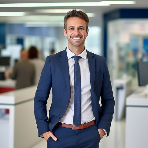 Friendly smiling banker at work helping customers