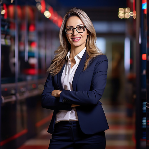 Friendly female bank HR manager smiling at work