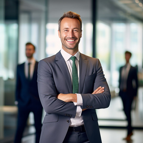 Friendly smiling handsome man banking and finance chief financial officer at work full body on blured background