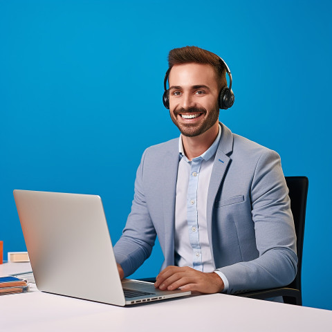 Friendly smiling handsome man banking and finance client support specialist at work on blured background