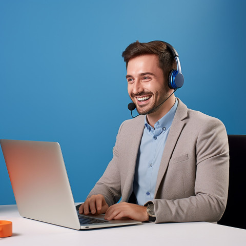 Friendly smiling handsome man banking and finance client support specialist at work on blured background