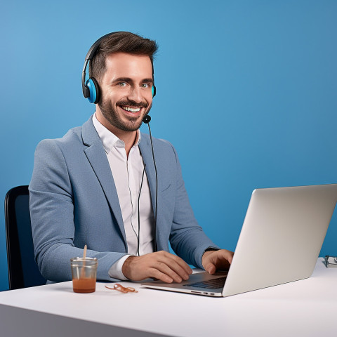 Friendly smiling handsome man banking and finance client support specialist at work on blured background