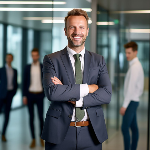 Friendly smiling handsome man banking and finance chief financial officer at work full body on blured background