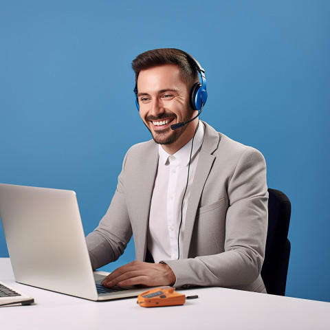 Friendly smiling handsome man banking and finance client support specialist at work on blured background