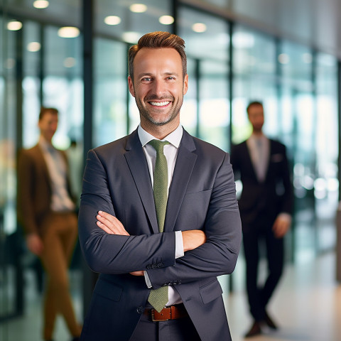 Friendly smiling handsome man banking and finance chief financial officer at work full body on blured background