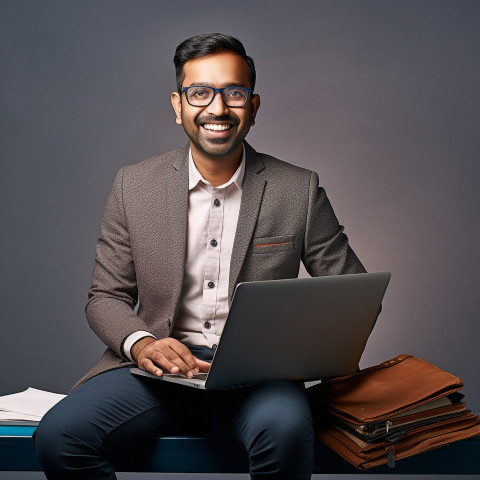 Friendly smiling handsome indian man banking and finance investment banker at work on blured background