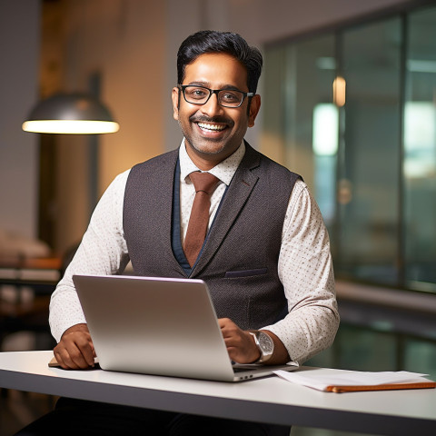 Friendly smiling handsome indian man banking and finance investment banker at work on blured background