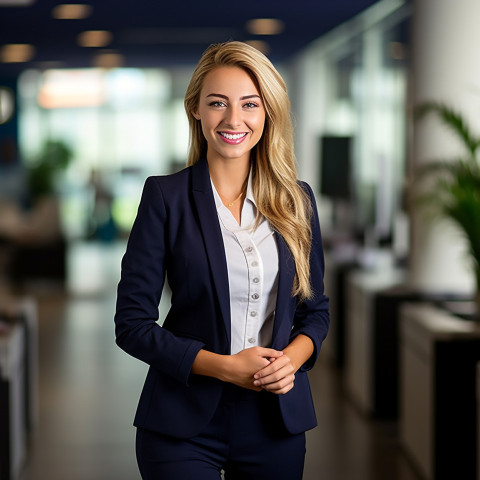 Friendly smiling beautiful woman banking and finance marketing manager at work on blured background Friendly smiling beautiful woman banking and finance marketing manager at work on blured background