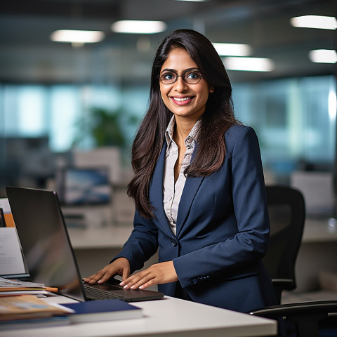 Friendly smiling beautiful indian woman banking and finance chief financial officer at work on blured background