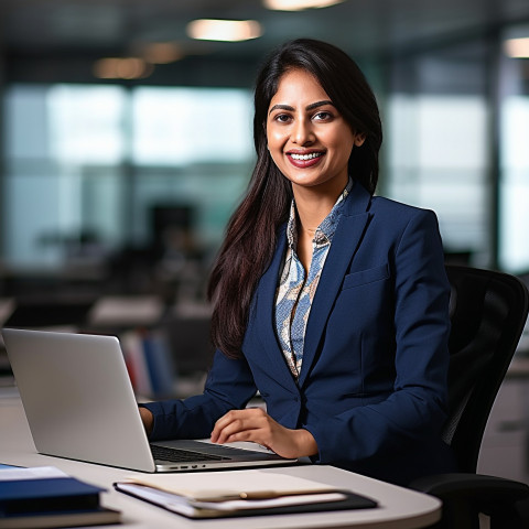 Friendly smiling beautiful indian woman banking and finance chief financial officer at work on blured background