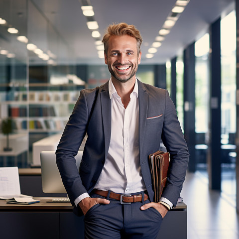 Friendly smiling handsome man banking and finance investment analyst at work on  blured background