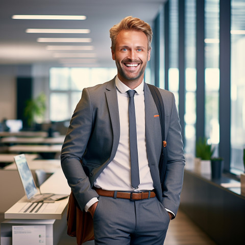 Friendly smiling handsome man banking and finance investment analyst at work on  blured background