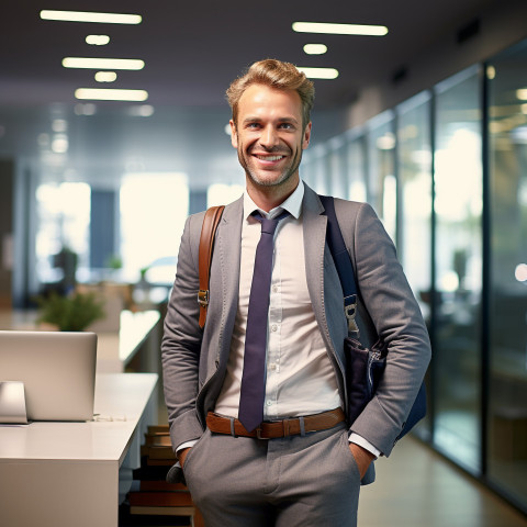 Friendly smiling handsome man banking and finance investment analyst at work on  blured background