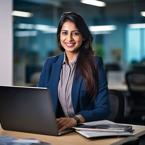 Friendly smiling beautiful indian woman banking and finance chief financial officer at work on blured background