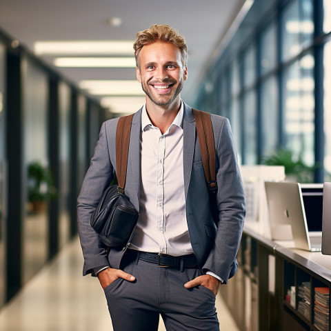 Friendly smiling handsome man banking and finance investment analyst at work on  blured background