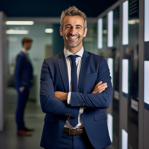 Friendly smiling handsome man banking and finance marketing manager at work on blured background