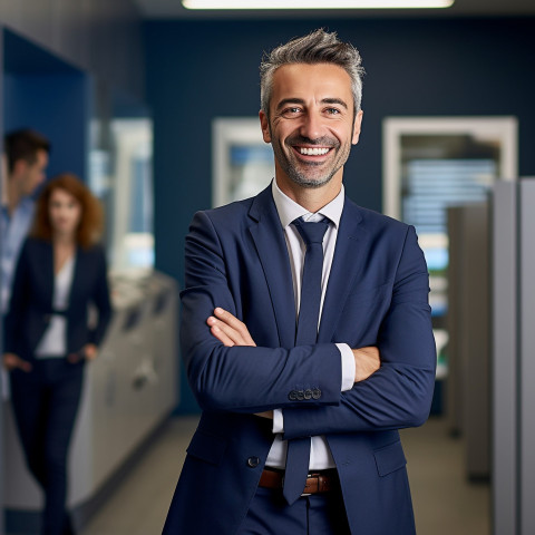 Friendly smiling handsome man banking and finance marketing manager at work on blured background