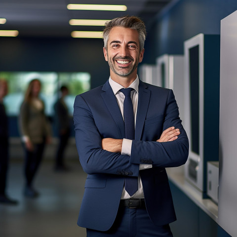 Friendly smiling handsome man banking and finance marketing manager at work on blured background