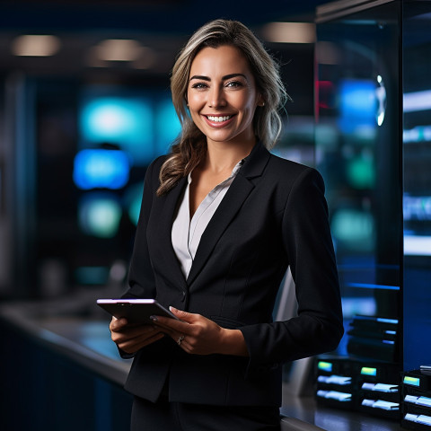 Friendly smiling beautiful woman banking and finance chief financial officer at work on blured background Friendly smiling beautiful woman banking and finance chief financial officer at work on blured background