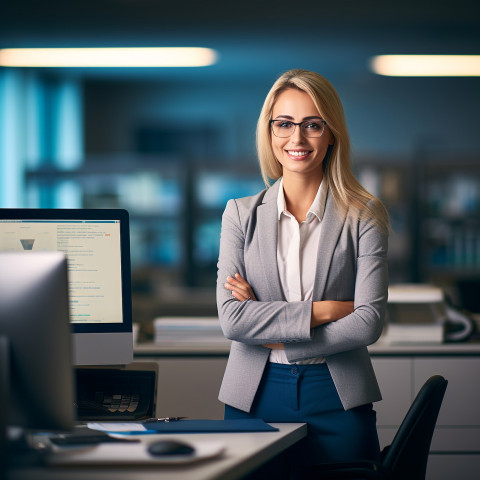Friendly smiling beautiful woman banking and finance chief financial officer at work on blured background Friendly smiling beautiful woman banking and finance chief financial officer at work on blured background