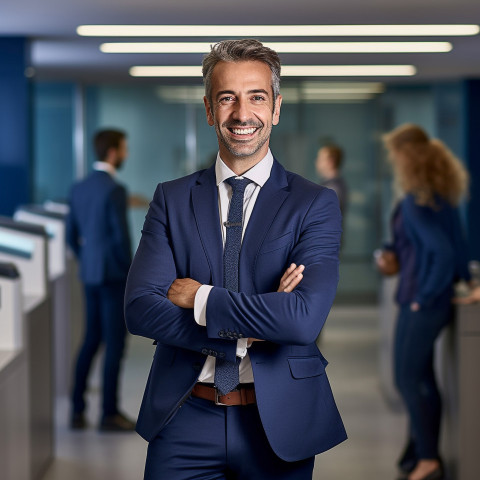 Friendly smiling handsome man banking and finance marketing manager at work on blured background