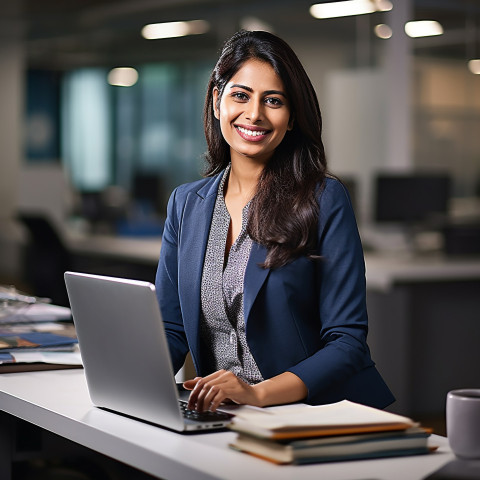 Friendly smiling beautiful indian woman banking and finance chief financial officer at work on blured background